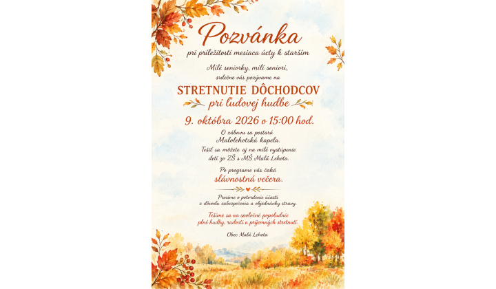 Stretnutie dôchodcov pri ľudovej hudbe 09. októbra 2026 o 15:00 hod.