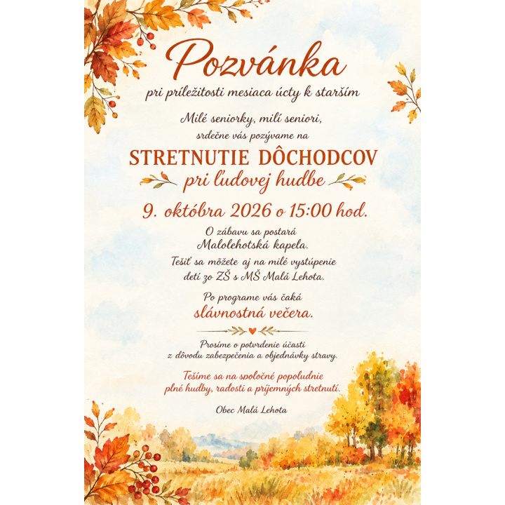 Stretnutie dôchodcov pri ľudovej hudbe 09. októbra 2026 o 15:00 hod.